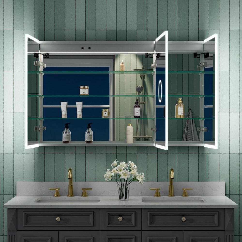 Eoviamne 48 in. W x 30 in. H Rectangular Aluminum LED Medicine Cabinet with Mirror, 3X Magnify Mirror, Soft Close Door (3)