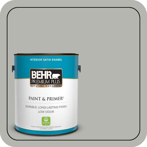 BEHR PREMIUM PLUS 1 gal. #PPU25-08 Heirloom Silver Satin Enamel Low Odor Interior Paint & Primer (2)