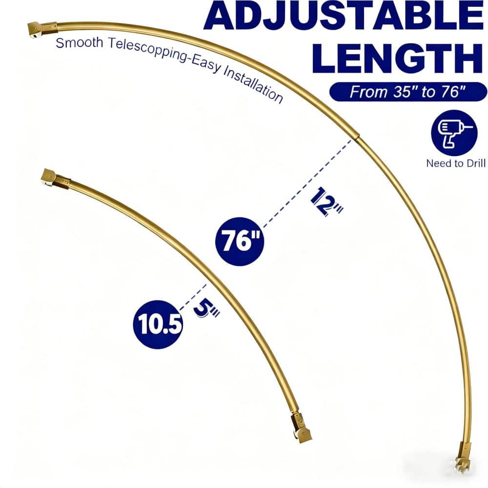 Unbranded Curved Stainless Steel Shower Curtain Rod Adjustable 35-76 in. Drill Mount Reinforced Flanges in Gold (2)