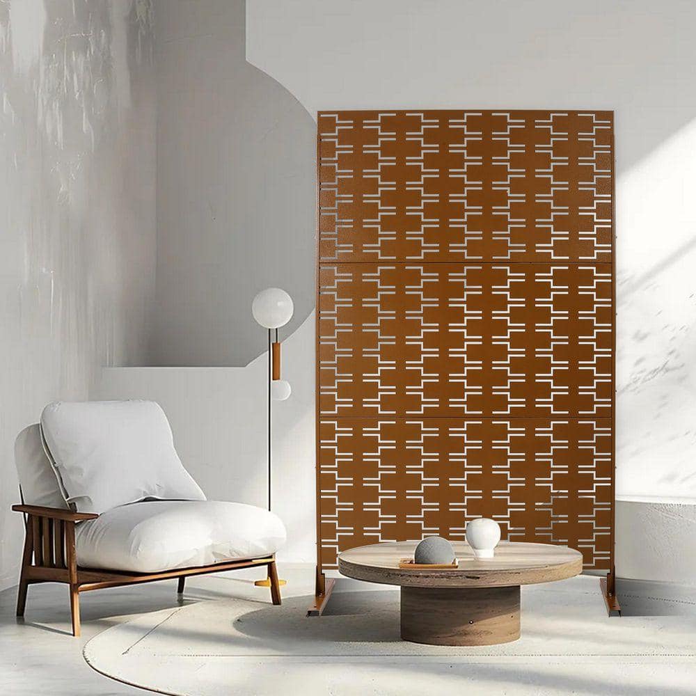 Coporesell 76 in. x 48 in. Freestanding Decorative Privacy Screen Brown Metal for Outside Lawn Garden (3)