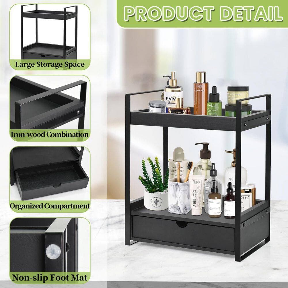 Wudkey 1-Piece Bathroom Accessory Set, 2-Tier Bathroom Organizer Countertop with Drawer, Wood Counter Shelf in Black (3)