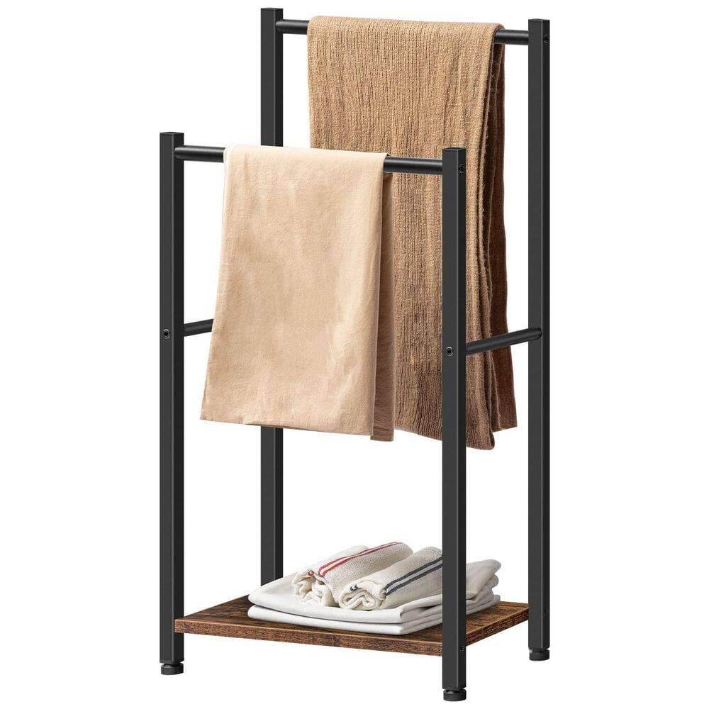 Anqtovp 2 Tier Towel Rack in Rustic Brown and Black, Freestanding Bath Accessory for Drying and Display, Anti-Slip Feet (2)