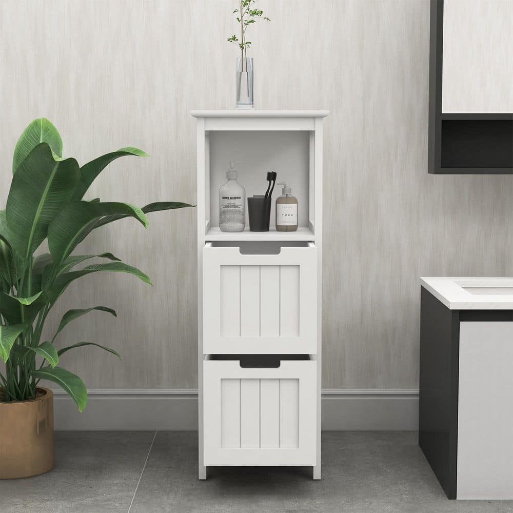 YSQCAR 13 in. W x 13 in. D x 35.43 in. H White MDF Freestanding Linen Cabinet with 2-Drawers and 1-Storage Shelf (3)