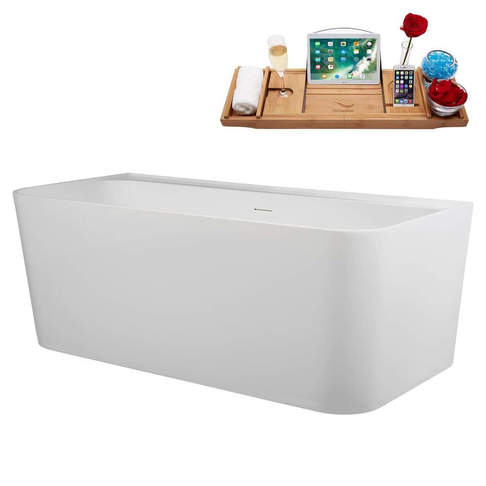 Streamline 55 in. x 30 in. Acrylic Freestanding Soaking Bathtub in Glossy White with Matte Black Drain, Bamboo Tray (3)