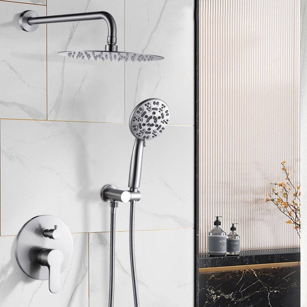 WOWOW 9-Spray Patterns with 1.8 GPM 10 in. Wall Mount Rain Fixed Shower Heads in 10 in. Brushed Nickel (2)