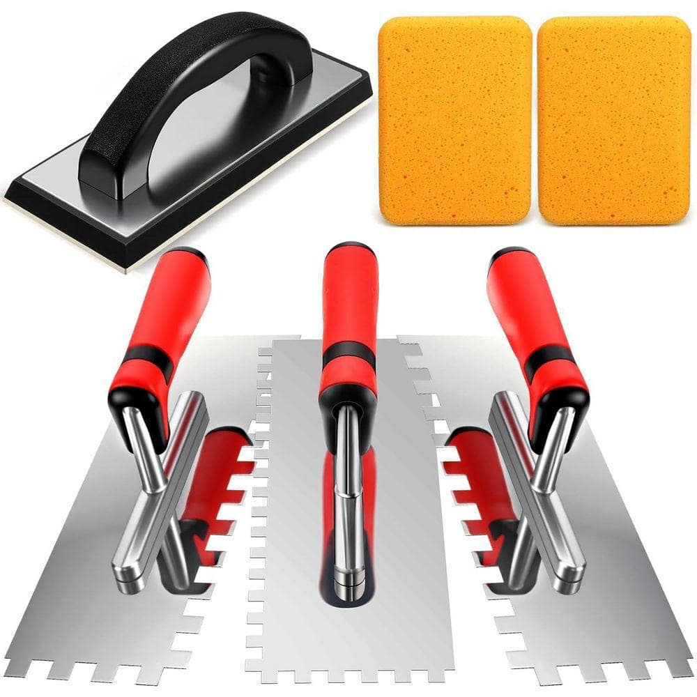 KIWDZFU 11.02 x 8.27 Stainless Steel Square Notch Trowel Set with Rubber Grout Float and Sponges for Tile Installation