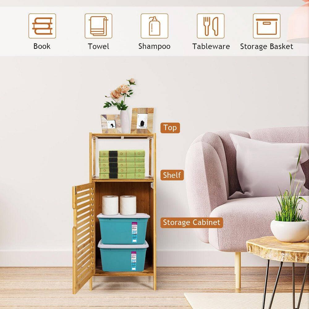 ANGELES HOME 14.5 in. W x 13 in. D x 34.5 in. H Natural Yellow Bamboo Bathroom Storage Floor Linen Cabinet with Door and Shelf (2)