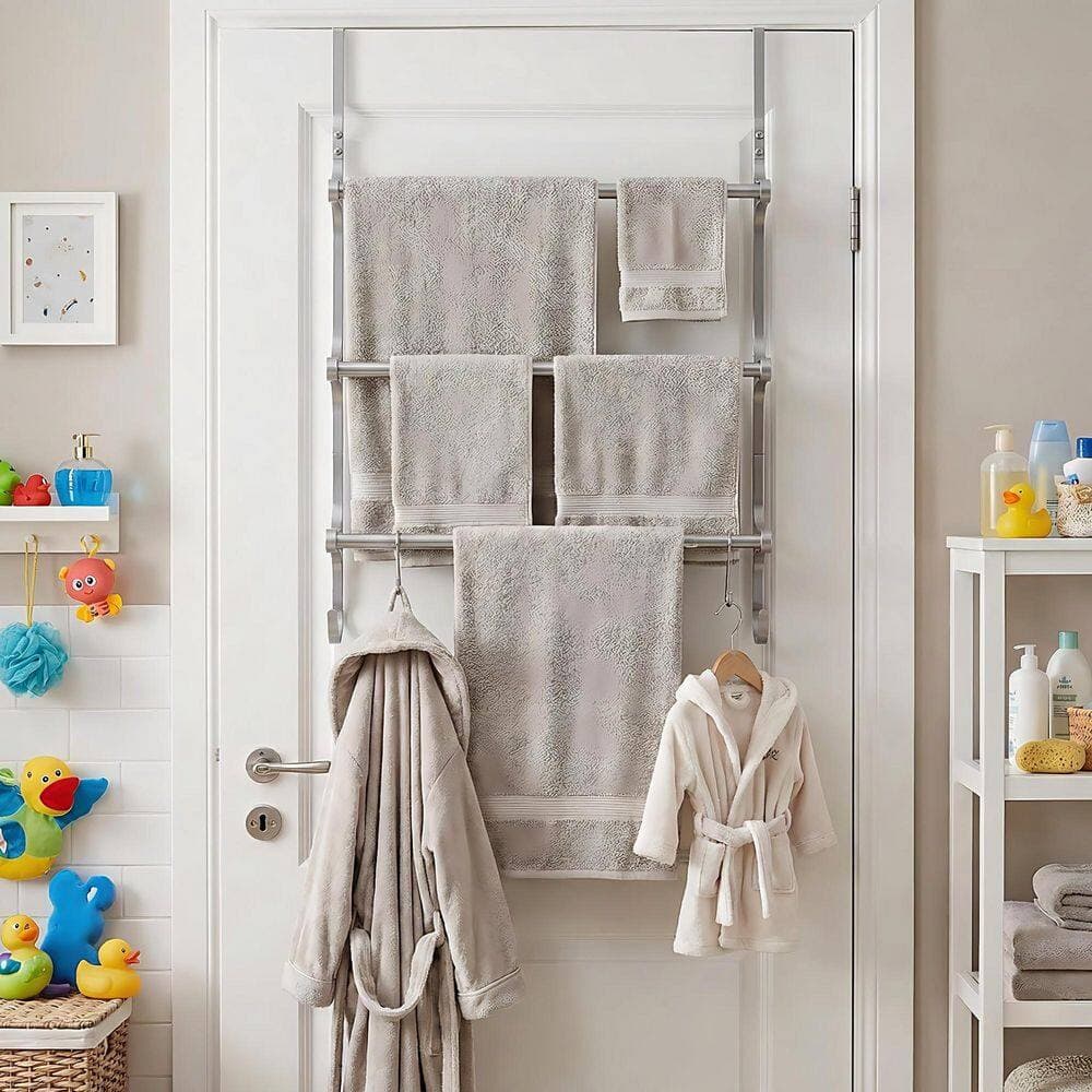 Anqtovp 3-Tier Over Door Towel Rack in Silver with Hooks, Extendable Bar, Fits Doors Up to 1.57 in Thick, Metal Finish (3)