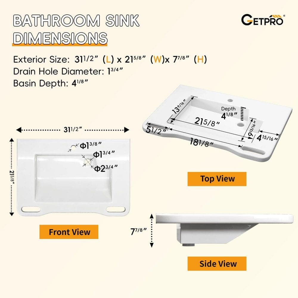 Getpro 31.5 in. Wall-Mounted ADA Compliant Accessible Rectangular Bathroom Sink Lavatory Vessel Ceramic Sink in Glossy White (3)