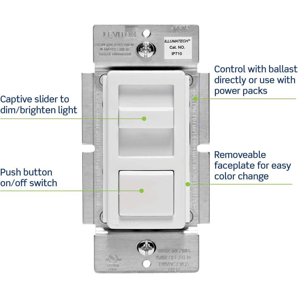 Leviton IllumaTech Dimmer Switch for 0-10V Power Supplies, 10A LED, 120/277 VAC, IP710-D0Z, White w/Ivory, Lt Almond Faceplates (2)