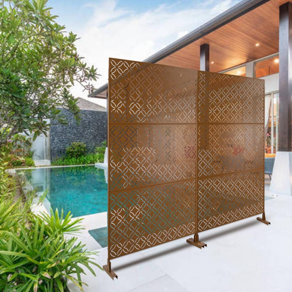 Unbranded 76 in. H x 48 in. W Brown Outdoor Steel Privacy Screen Freestanding Decorative Privacy Screen for Deck Balcony Patio (3)