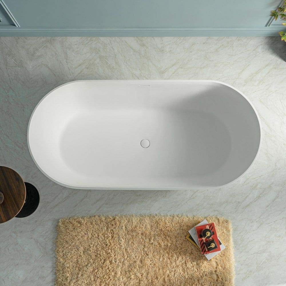 WOODBRIDGE 67 in. L x 31.5 in. W Luxury Solid Surface Stone Resin Freestanding Soaking Bathtub with Center Drain in Matte White (3)