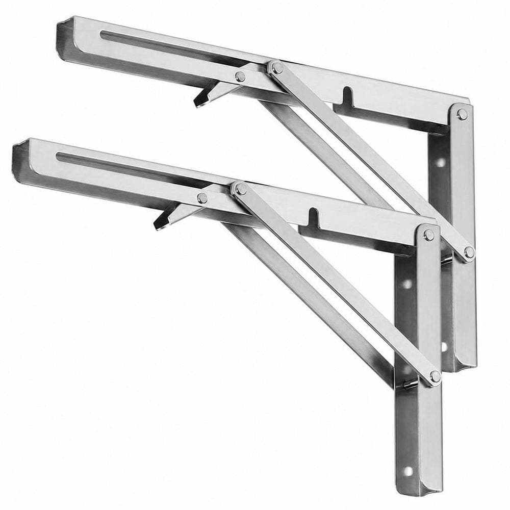 Numhew 2-Pcs 10 in. x 1 in. x 4.7 in. 300 lb. Stainless Steel Folding Wall Mounted Shelf Bracket in Silver for Space Saving DIY (1)
