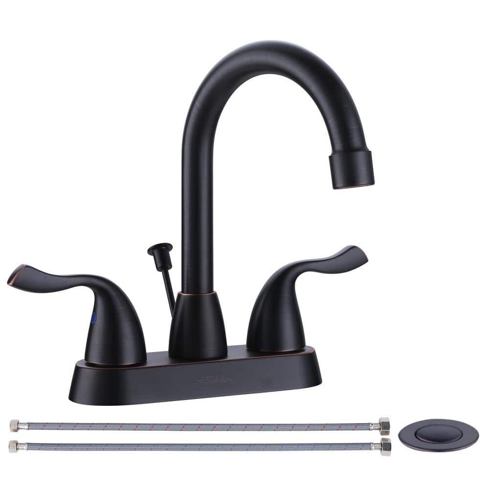 IVIGA 4 in. Centerset Double Handle High Arc Bathroom Faucet with Lift Rod Drain and Supply Lines in Oil Rubbed Bronze (1)