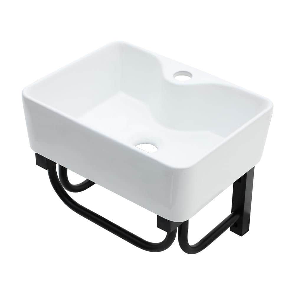 Logmey 16 in. x 12 in. x 5 in. Ceramic Rectangular Wall-Mounted Bathroom Mini Vessel Sink with Single Faucet Hole in White (1)