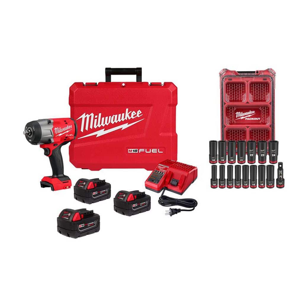 Milwaukee M18 FUEL 18V High Torque 1/2 in. Impact Wrench Kit plus 5. 0Ah XC Battery with 1/2 in. Metric 16-Pc PACKOUT Socket (1)