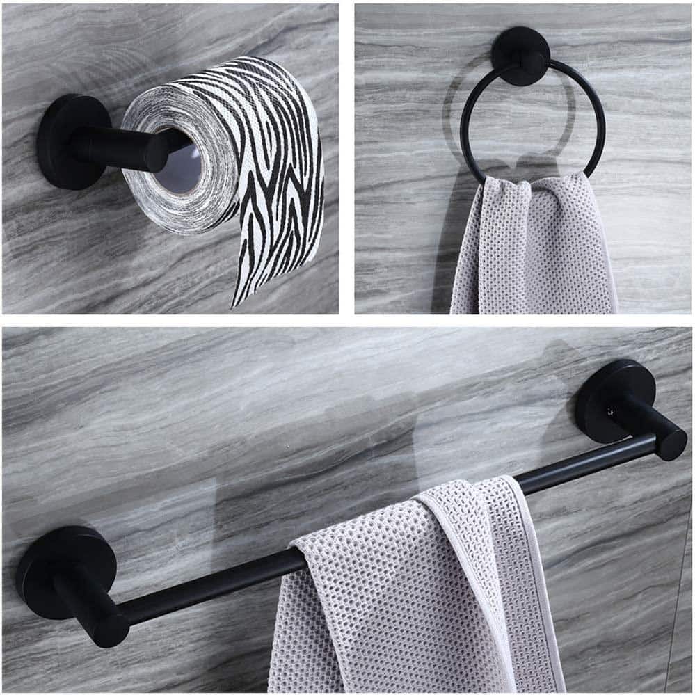 Dyiom Black Bathroom Hardware Set Wall Mounted, 24'' Towel Bar Adjustable, Toilet Paper Holder, Towel Ring (2)
