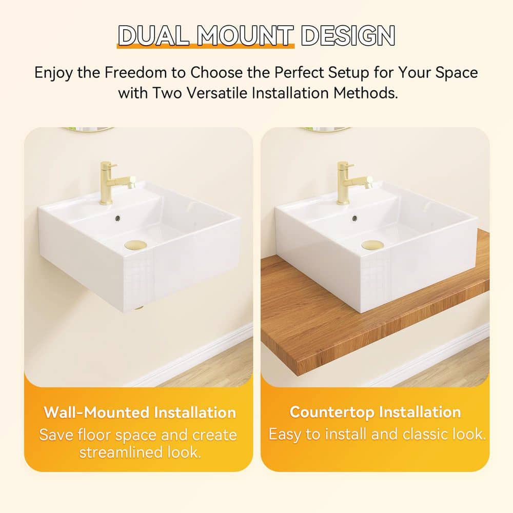 Getpro 15.75 in Ceramic RV Sink Wall-Mounted Square Bathroom Sink with Single Faucet Hole in White Floating Vessel Sink (2)