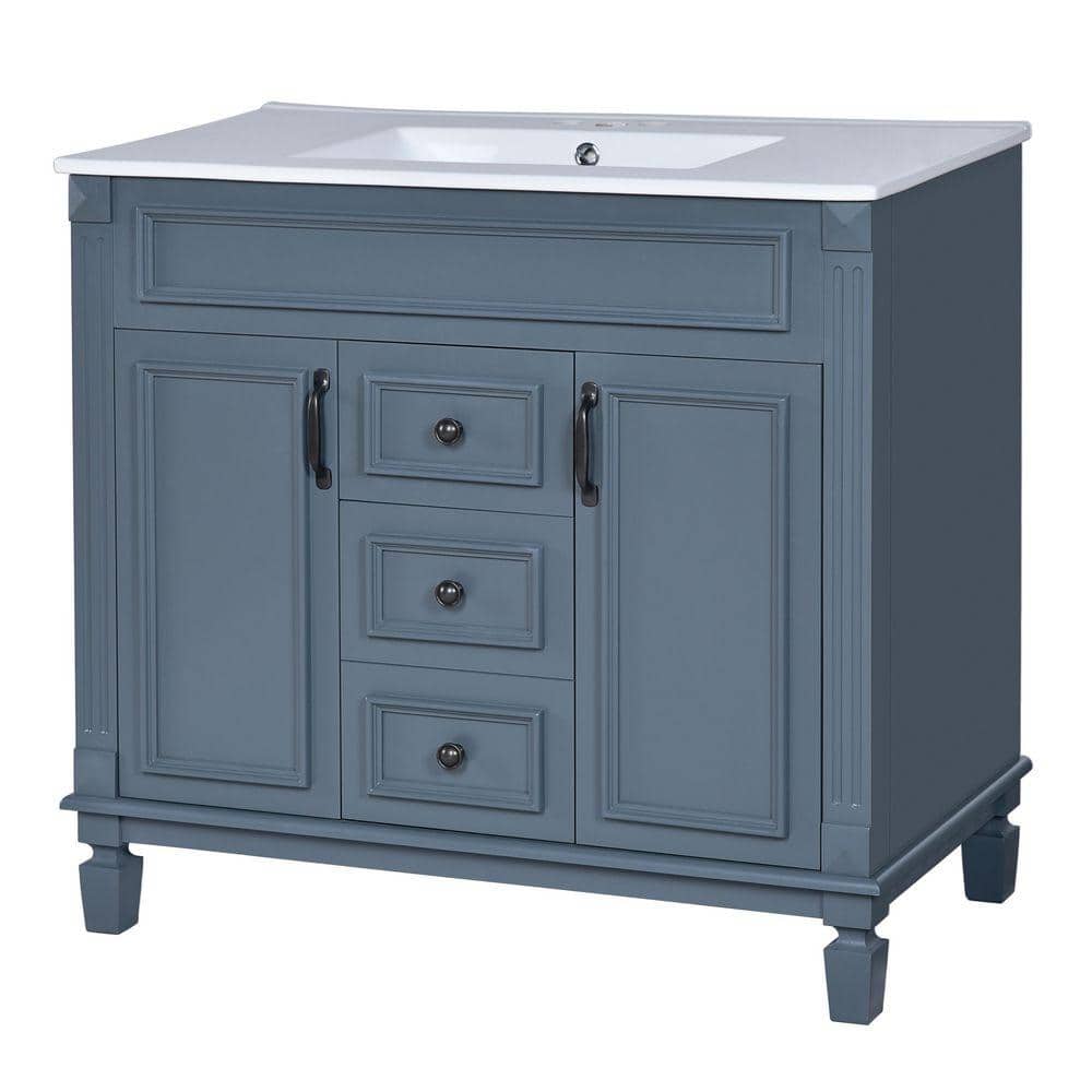 Xuanlur 36 in. Wood Bathroom Vanity, Blue Bathroom Storage Cabinet with 2-Soft Closing Doors and 2-Drawers, Single Sink (2)
