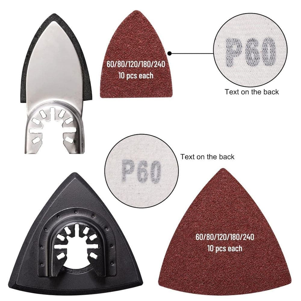 Unbranded 104Pcs Carbon Steel Oscillating Tool Sanding Pads Kit with Triangle and Finger Holders for Wood and Plaster Finishing (3)