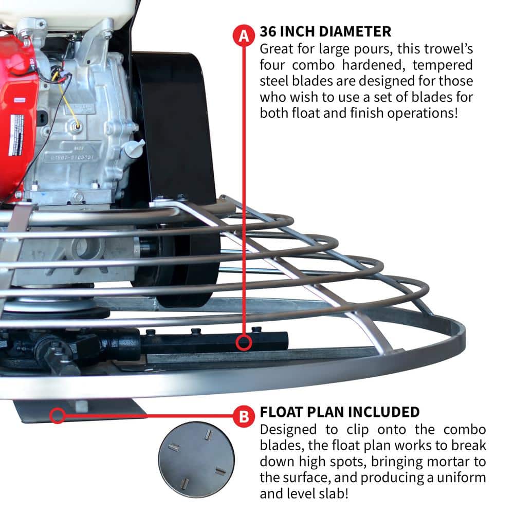 Tomahawk Power 36 in. Concrete Finishing Power Trowel 5.5 HP Honda Engine Combo Blades Float Pan Rubber Handle (2)