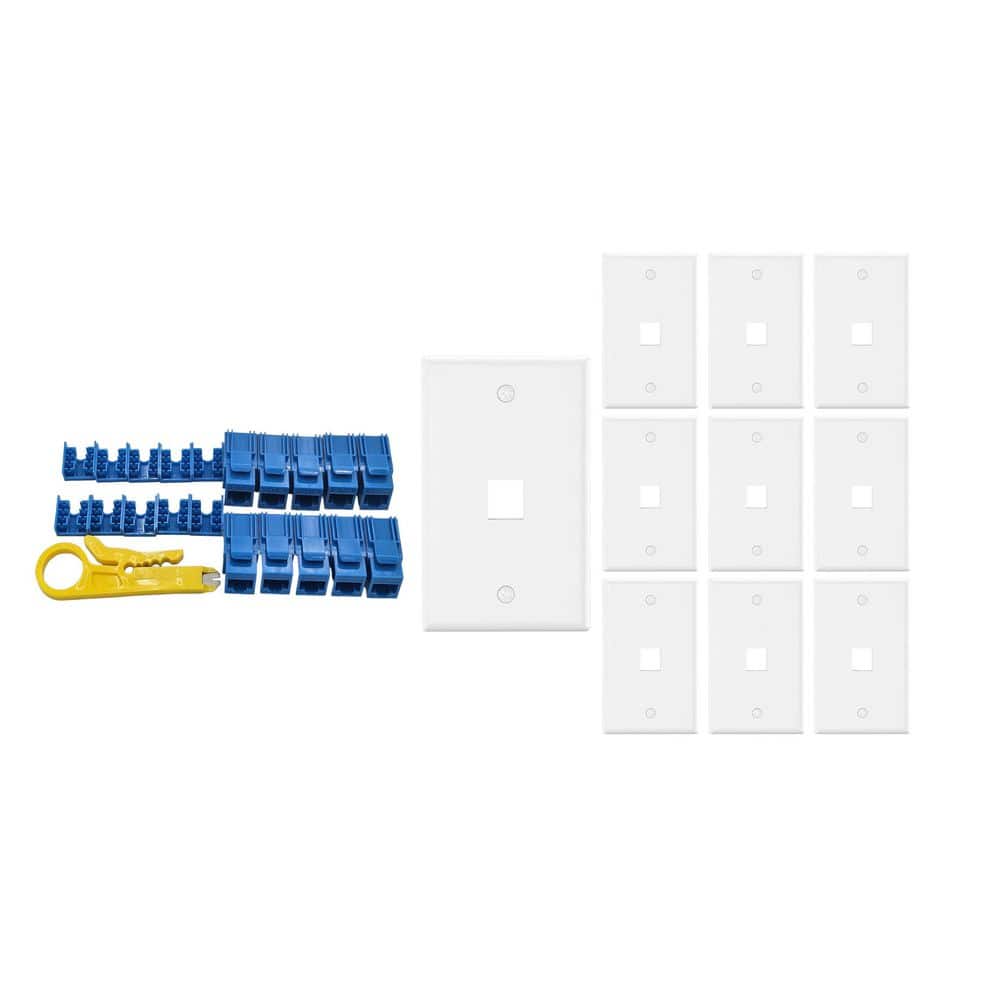 Micro Connectors, Inc 10-Pack 1-Gang White Keystone Plastic Wall Plates 1-Port and 10 Cat 6 RJ45 Keystone Jacks Blue (1)