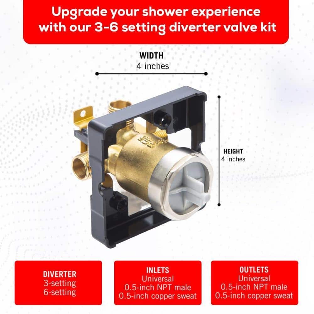 Lukvuzo Shower Valve Body for Shower Faucet Trim Kits 4 x 4 in. Brass Single or Dual Function Shower with 3-6 Diverter Valve Kit (3)