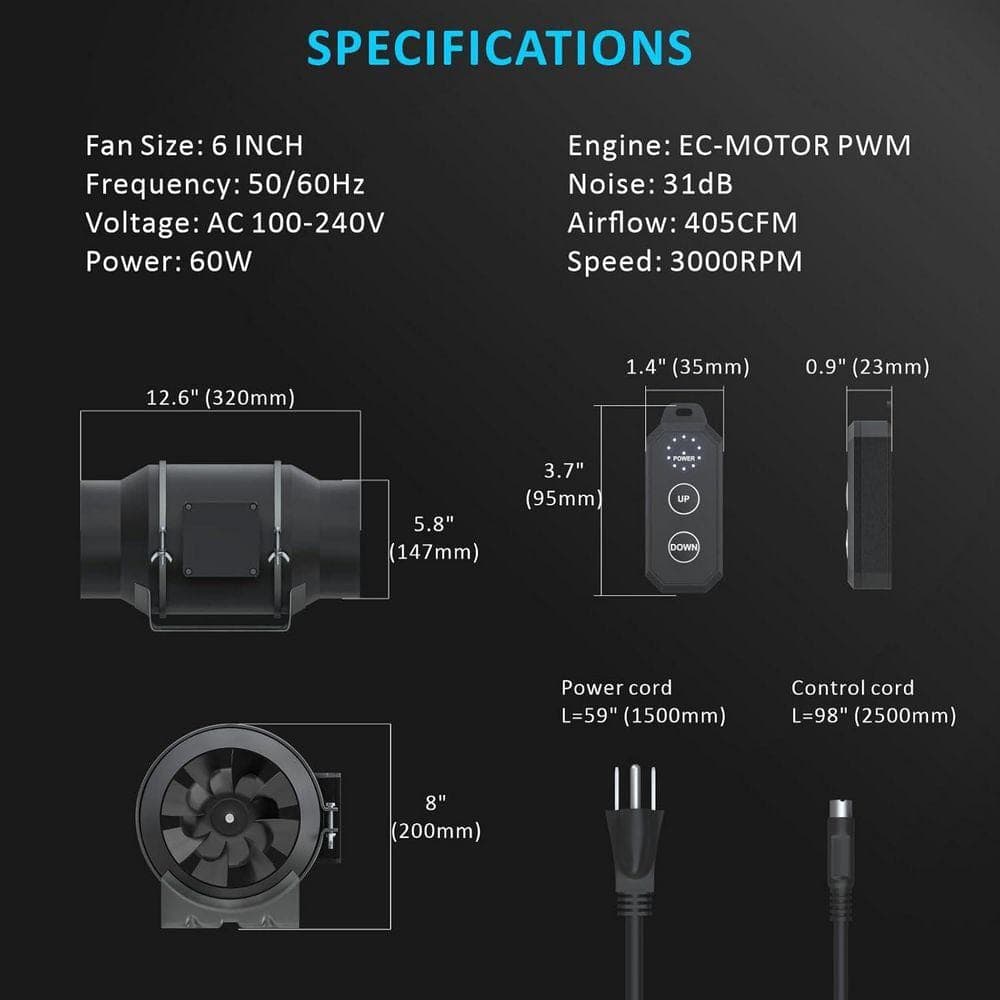 KIWDZFU 405 CFM Quiet 6 Inline Duct Fan EC Motor Ventilation Exhaust Fan with 10-Speed Controller for Heating Cooling (3)