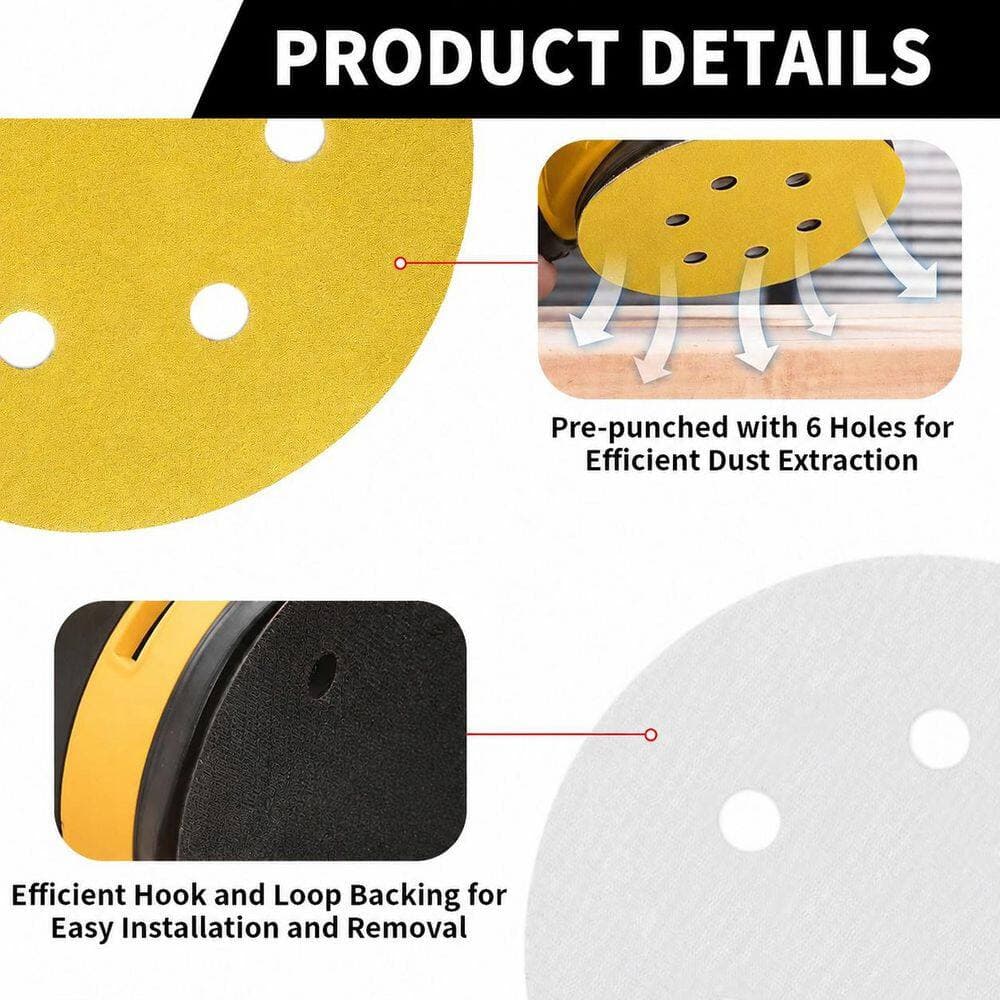 LAIFUCAM 6 in. 6 Hole Sanding Discs with Mixed 60, 80, 120, 220, 320 Grits Gold Coating Hook and Loop 100 Pack for Random Sander (3)