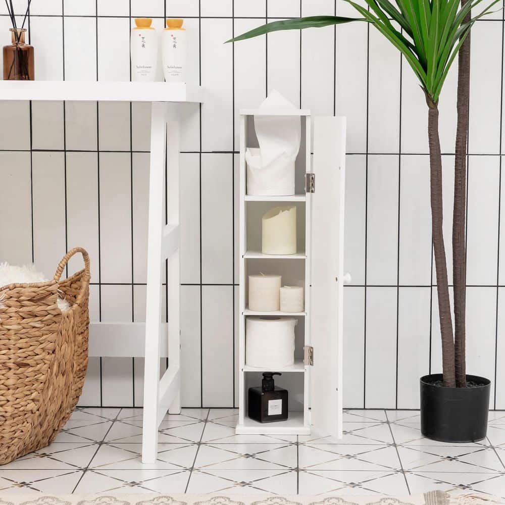 ANGELES HOME 6.5 in. W x 7 in. D x 27 in. H White Freestanding Narrow Linen Cabinet with 4-Shelves and Top Slot for Bathroom