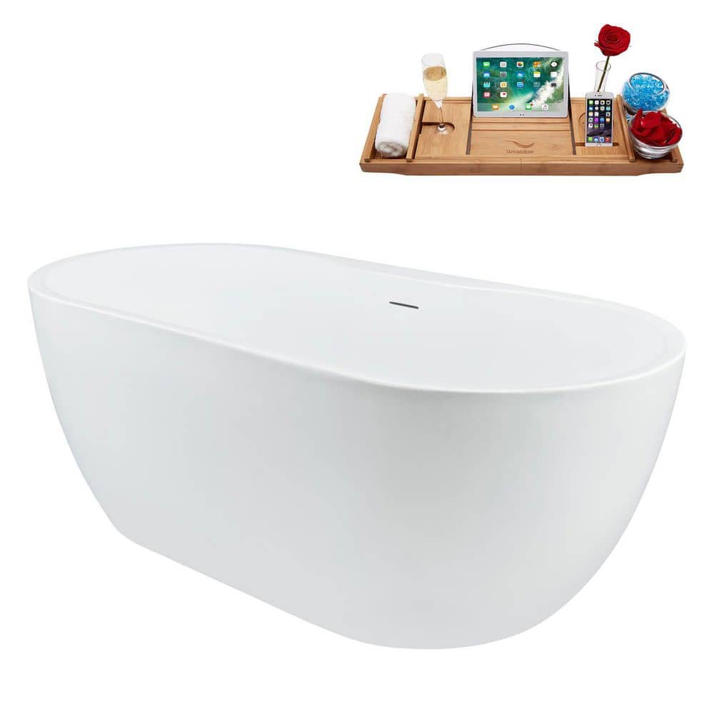 Streamline 61 in. x 30 in. Acrylic Freestanding Soaking Bathtub in Glossy White With Brushed Brass Drain, Bamboo Tray (2)