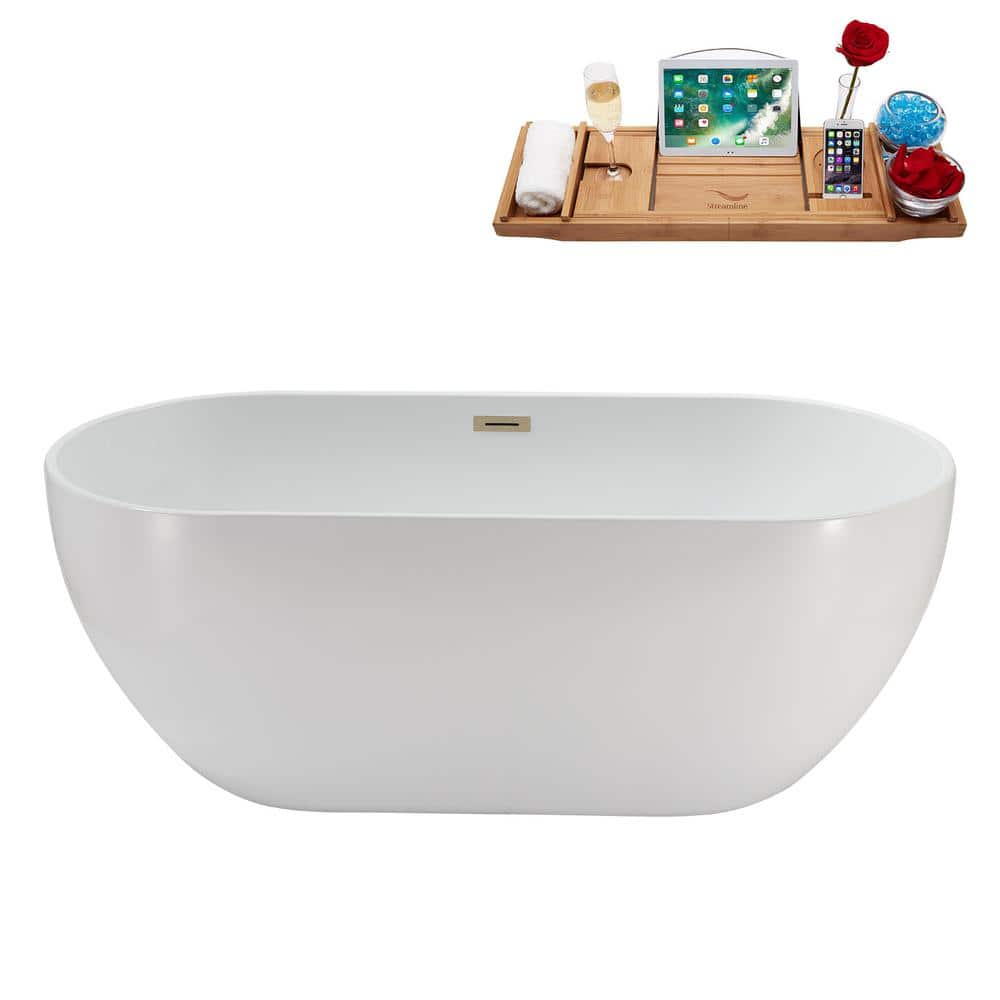 Streamline 62 in 29 in Acrylic Freestanding Soaking Bathtub Glossy White Brushed Brass Drain (2)