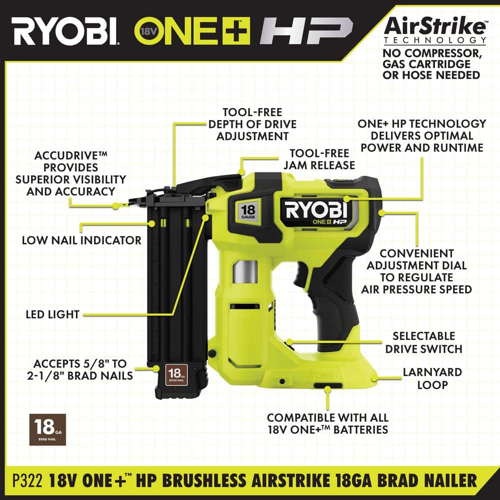 RYOBI ONE+ HP 18V 18GA Brushless Cordless Airstrike Brad Nailer with HP 18V Oscillating Multi-Tool (3)