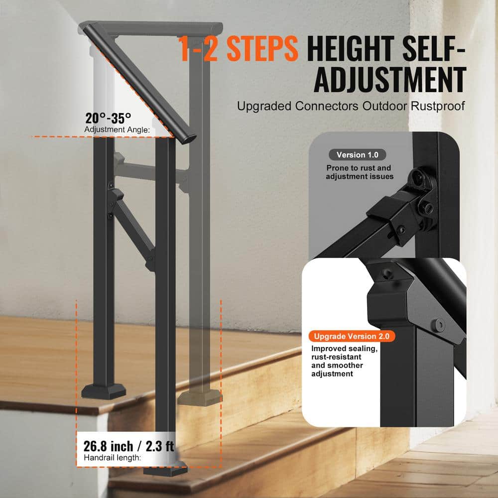 VEVOR Handrails for Outdoor Steps 1-2 Step Stair Hand Rail Kit Transitional Carbon Steel Railings Black 36.2 in. H x 3.3 in. W (3)