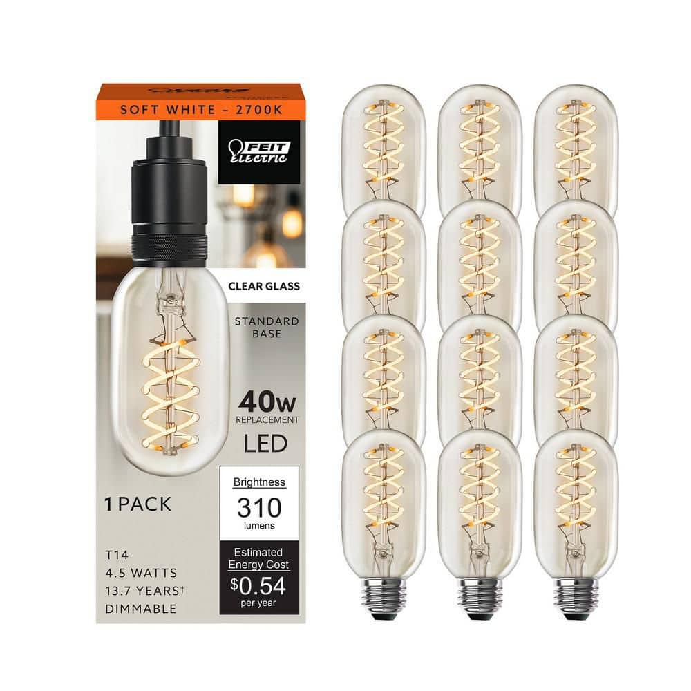Feit Electric 40-Watt Equivalent T14 Dimmable Spiral Filament Clear Glass E26 Vintage Edison LED Light Bulb, Soft White (12-Pack)
