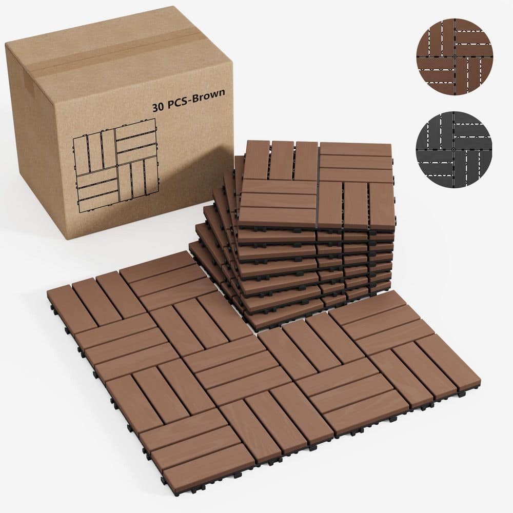 GOGEXX 1 ft. x 1 ft. Interlocking Solid Fir Wood Composite Deck Tile Flooring Tile in Brown (30 Per Set) (1)