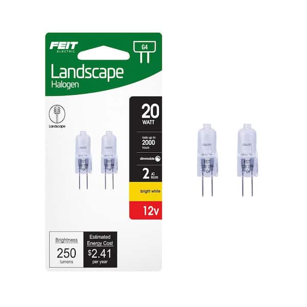 Feit Electric 20-Watt 12-Volt T3 JC G4 Bi-Pin Base Dimmable Landscape Garden Halogen Light Bulb, 2800K Bright White (2-Pack)