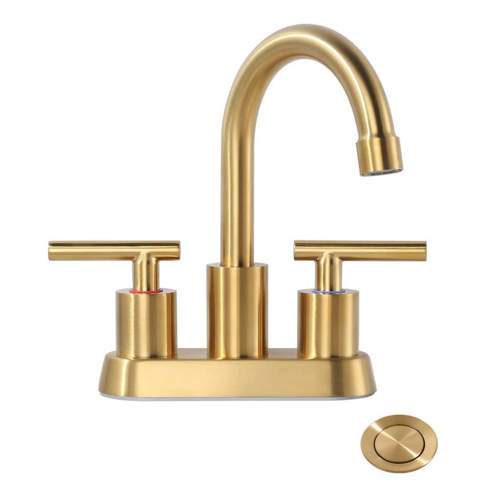 WOWOW 4 in. Centerset Double Handle High Arc Bathroom Faucet with Drain Kit Included in Gold (1)