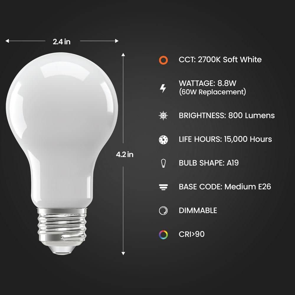 Feit Electric 60-Watt Equivalent A19 Dimmable Filament CEC 90 CRI White Glass E26 Medium LED Light Bulb, Soft White 2700K (4-Pack) (3)