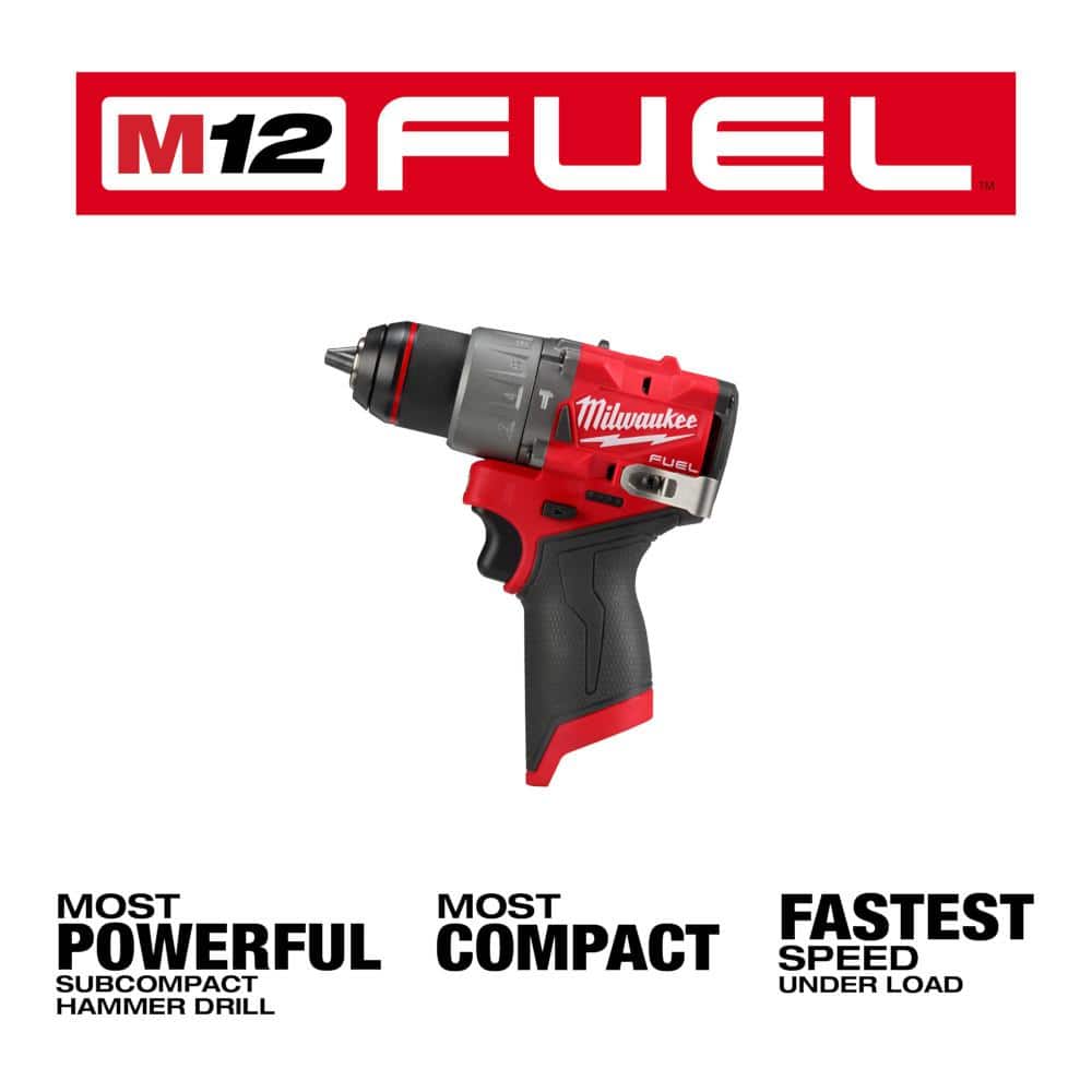 Milwaukee M12 FUEL 12-Volt Li-Ion Brushless Cordless 1/2 in. Hammer Drill Kit w CP 2.0Ah Battery, Charger & Drill Bit Set (50-Pc) (3)