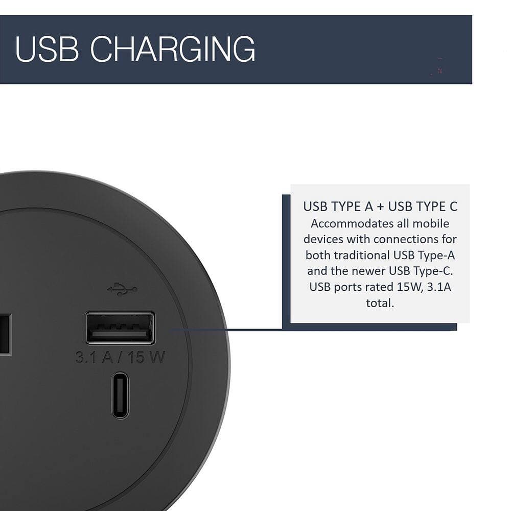 Legrand Round 15 Amp 1-Outlet and 2 Type A/C USB Black Recessed Furniture Power Strip with 10 Ft. Cord (2)