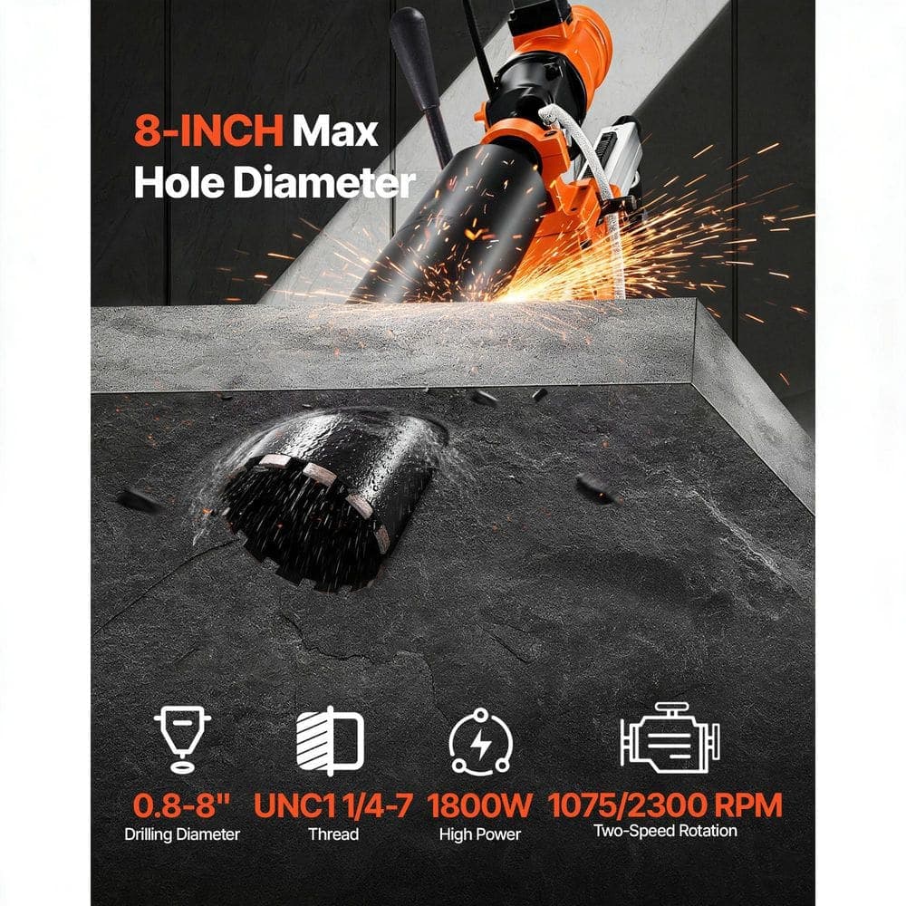 VEVOR Diamond Core Drilling Machine, 8-inch Drilling Capacity, Dual-Mode Handheld & Stand-Mount Dry/Wet Core Drill Rig (2)