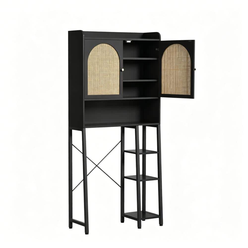 Whatseaso 30.7 in. W x 679 in H x 9.8 in. D Wood in Black Over The Toilet Storage Cabinet with Metal Stand and Wood Rack