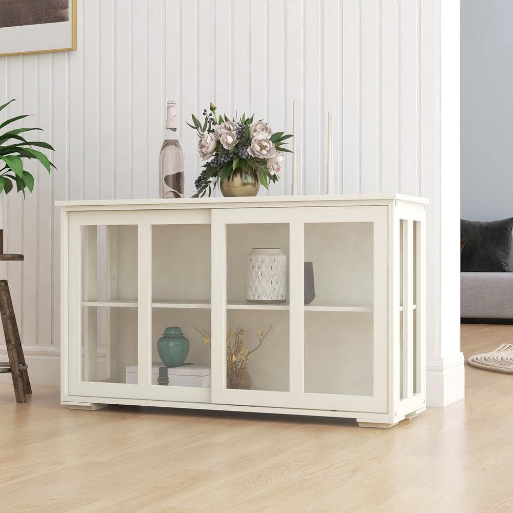 RiverRidge Home 42 in. W x 14 in. D x 25 in. H White Linen Cabinet Kitchen Storage Stand Cupboard with Glass Door (2)