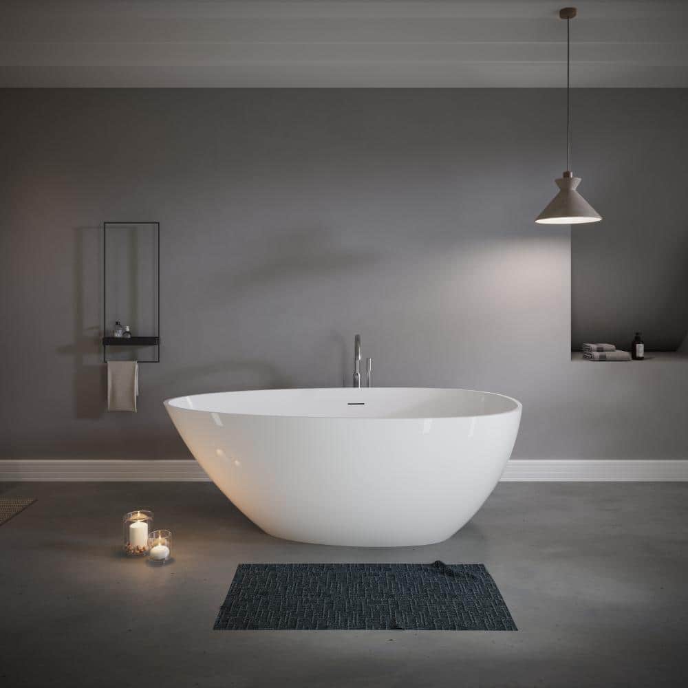 YSQCAR 59 in. x 30.75 in. Solid Surface Freestanding Soaking Bathtub with Center Drain in Glossy White (2)