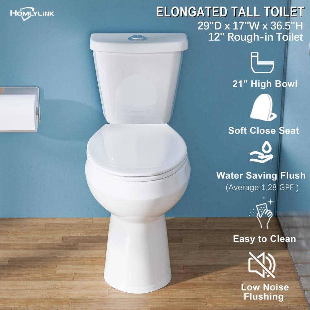 HOMLYLINK 21 in. Extra Tall 2-Piece Toilet Dual Flush 1.1/1.6 GPF Elongated Height Toilet in White Tall Toilet 12 in. Rough In (2)