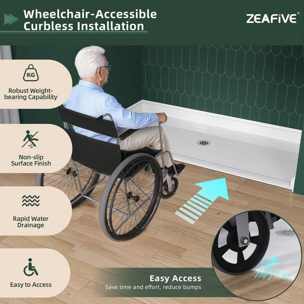 Zeafive 72 in. L 36 in. W Alcove Acrylic ADA Shower Pan Base with Drain Low Profile Wheelchair Accessible (2)