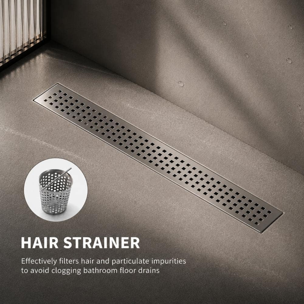 WIZ 24 in. Linear Shower Drain with Removable Grid Grate and Hair Strainer in Brushed Nickel (2)
