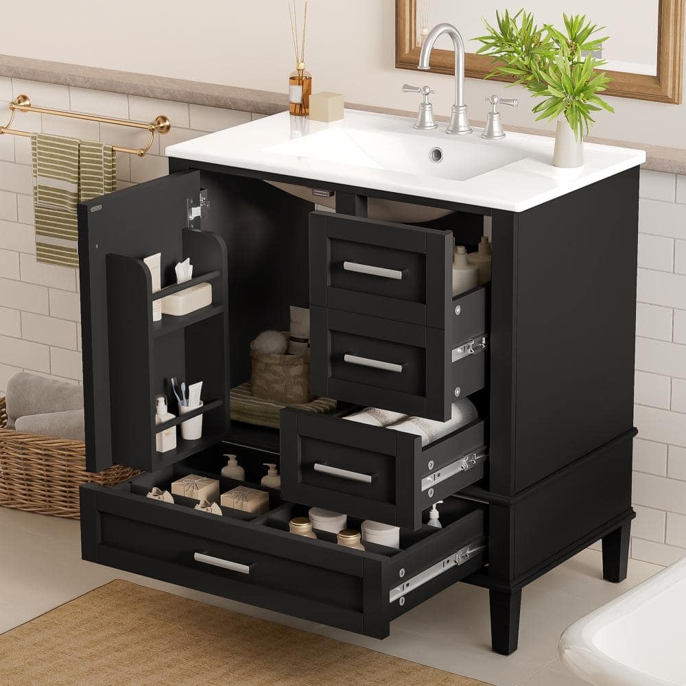 Flynama 30″ Black Bathroom Vanity with Sink, 1 Soft-Closing Door & 3 Soft-Closing Drawers, Solid Wood Frame