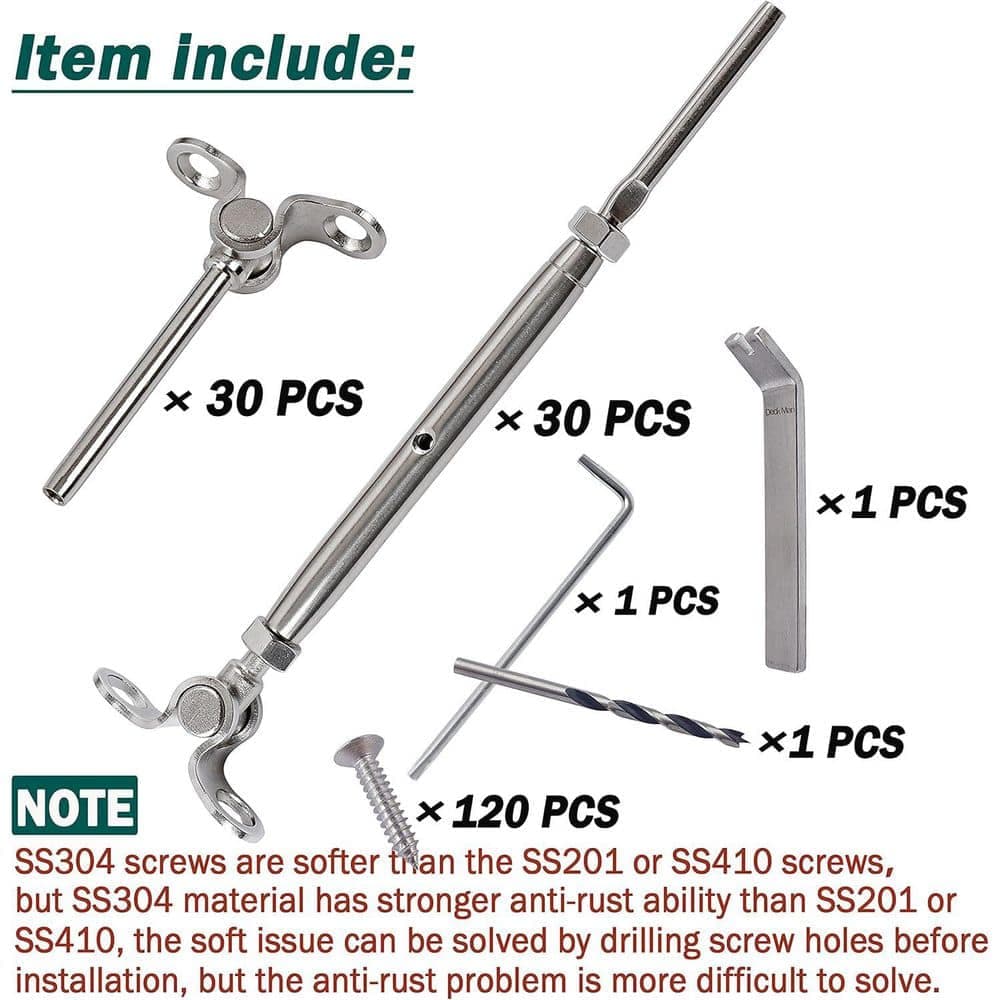 Afoxsos 7.2 in. x 0.13 in. T316 Stainless Steel Adjustable Angle Cable Railing Kit for Wood Post Marine Grade 30 Pack Silver (3)
